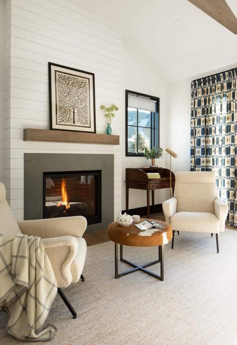 Modern farmhouse residence in Wyoming boasts serene creekside setting Northworks Architects, Fireplace Seating Area, Small Sitting Rooms, Fireplace Styling, Fireplace Sitting Area, Small Sitting Area, Small Seating Area, Fireplace Seating, Bedroom With Sitting Area