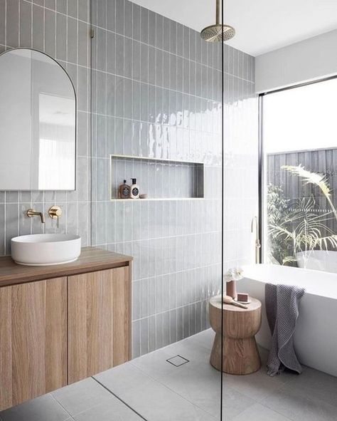 15 Wet Room Ideas That Will Make Your Bathroom Dreams Come True | Hunker Dark Grey Laminate Flooring, Small Wet Room, Brown Laminate Flooring, Walk In Shower Ideas, Wet Room Bathroom, Eclectic Tile, Engineered Timber Flooring, Brick Look Tile, Modern Bathroom Tile