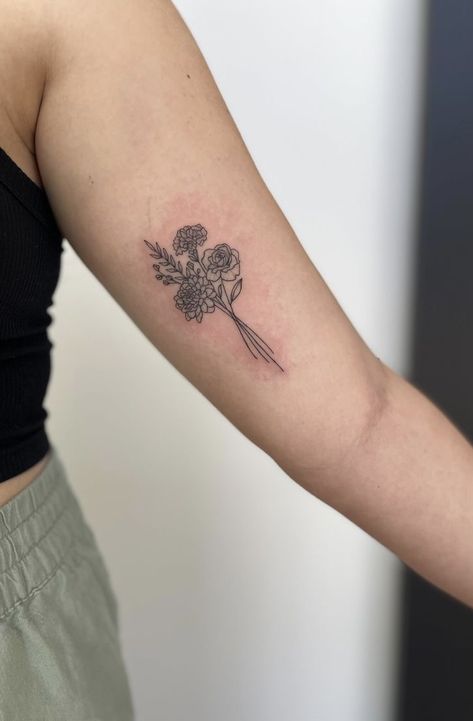 Flower Bouquet Tattoo, June Flower, Bouquet Tattoo, Cute Tiny Tattoos, Best Sleeve Tattoos, Small Bouquet, Little Tattoos, Forearm Tattoos, Flower Bouquet Wedding