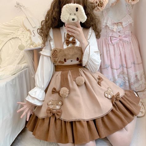 Harajuku Clothes, Kawaii Bear, Lolita Outfits, Plush Coat, Kawaii Fashion Outfits, Suspender Skirt, فستان سهرة, Cartoon Bear, Sweet Lolita