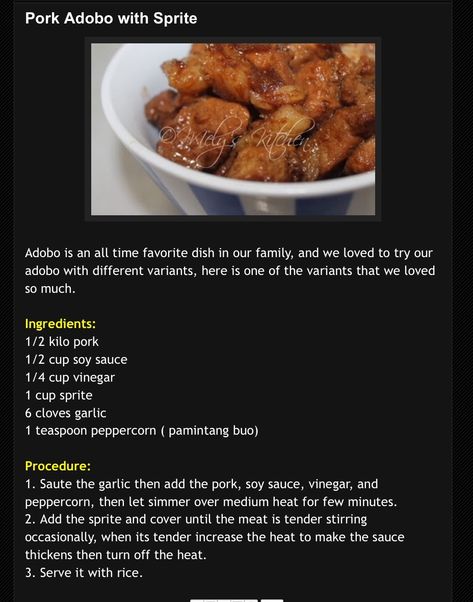 Pork adobo with sprite Adobo Recipe Filipino, Pork Steak Recipes Filipino, Pork Adobo Recipe Filipino, Pork Adobo With Pineapple, Chicken Hekka Recipe, Chicken Pork Adobo Recipe, Filipino Adobo Pork, Pusit Adobo Recipe, Pork Abodo Recipe