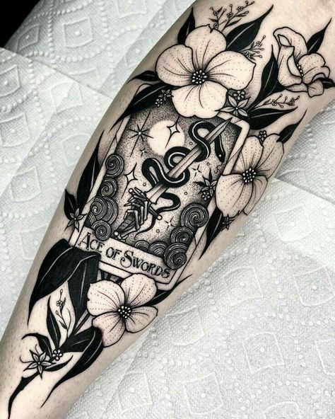 Baby Owl Tattoos, Cute Halloween Tattoos, Ace Of Swords, Tarot Tattoo, Tarot Card Tattoo, Skull Sleeve Tattoos, Clever Tattoos, Spooky Tattoos, Leg Sleeve Tattoo