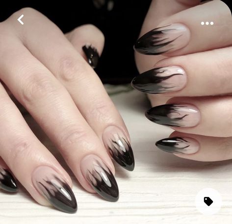 Dark Nail Designs Gothic Short, Goth Oval Nails, Fire Almond Nails, Witchy Almond Nails, Goth Nails Almond, Dark Oval Nails, Goth Almond Nails, Gothic Almond Nails, Gothic Nail Art Dark