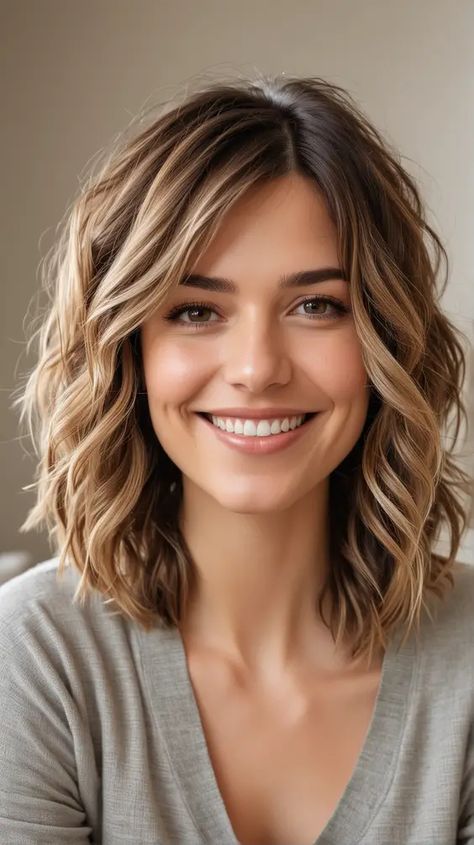 Lob Haircut With Side Swept Bangs, Mid Length Bob With Layers Over 50, Shoulder Length Hair Styles Curly, Wavy Angled Bob Medium, Hair For Round Face Shape Medium Length, Short Hairstyle Women With Side Bangs, Medium Wavy Hairstyles With Bangs, Plus Size Mid Length Hair, Bangs Hairstyles Wavy Hair