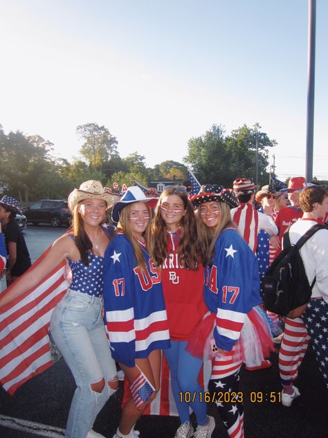 Usa Pep Rally Outfits, Usa Dress Up Day High School, American Day Spirit Week, American Spirit Week Outfits, Usa Homecoming Theme, Olympic Spirit Week Ideas, Usa Spirit Week Outfit, Patriotic Day Spirit Week, Merica Monday Spirit Week