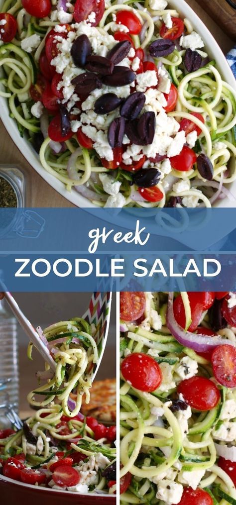 A Greek Zoodle Salad is a twist on the traditional Greek salad made by swapping the lettuce for raw spiralized zucchini noodles. It's the perfect salad for pizza night, parties, or picnics! Greek Zoodle Salad, Cucumber Zucchini Recipes, Marinated Zucchini Noodles, Spiral Zucchini Salad Recipes, Cucumber Zoodle Recipes, Spiral Zucchini Salad, Zucchini Recipes Cold, Spiral Cucumber Recipes, Spiralizer Salad Recipes