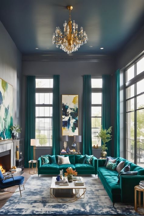 20 Breathtaking High Ceiling Living Room Ideas You’ll Want to Steal – The Crafty Hacks Blue And Green Living Room, Dark Green Living Room, Color Palette Interior Design, Design Color Trends, High Ceiling Living Room, Grey Couch Living Room, Bright Decor, Coastal Interiors Design, Interior Design Color