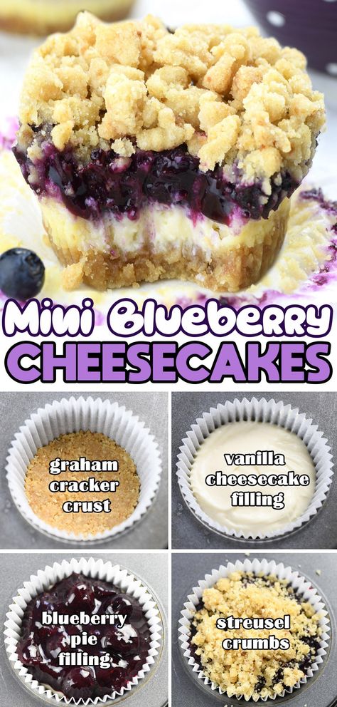 Mini Blueberry Cheesecakes Stuff To Make With Blueberries, Fruit Mini Cheesecake, Mini Cheesecakes Blueberry, August Baking Ideas, Mini Baked Goods, August Desserts, Blueberry Cheesecake Recipes, Homemade Blueberry Pie Filling, Blueberry Dessert Recipes