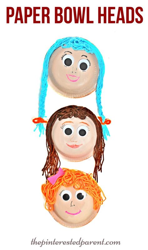 Paper bowl heads & faces with yarn hair. A fun arts & crafts project for kids Diy Face Mask For Kids, Paper Plate Masks, Carton Diy, Arts And Crafts Interiors, Face Mask For Kids, Paper Bowl, Paper Plate Crafts For Kids, Arts And Crafts For Adults, Arts And Crafts For Teens