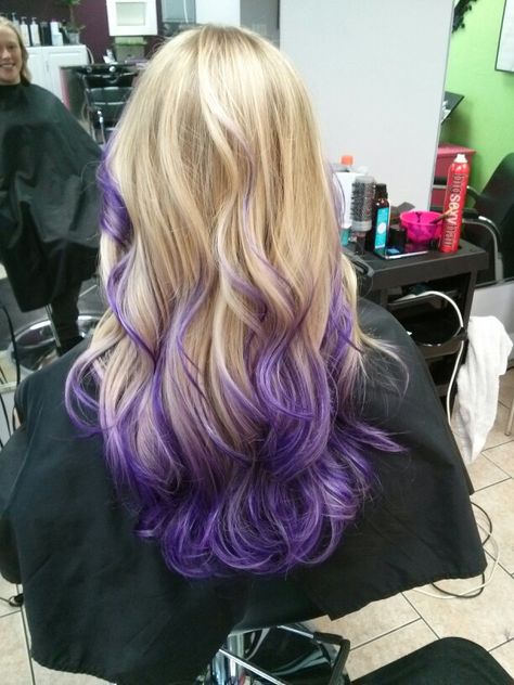 Blonde Purple Streaks, Purple Ends On Blonde Hair, Blonde With Violet Underneath, Purple And Blonde Hair Color Ideas, Purple Hair And Blonde, Tips Of Hair Dyed Purple, Purple Highlights Blonde Hair Straight, Purple Hair Tips Blonde, Blonde Hair With Dark Purple Highlights