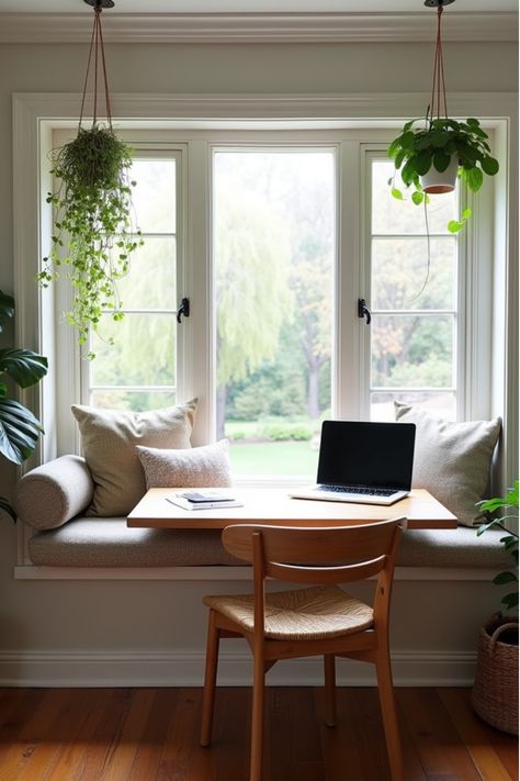 Cozy window seat converted into a mini home office with floating desk and plants Raised Window Seat, Window Lounge Seating, Window Chair Ideas, Furniture Under Window, Window Bench Table, Window Bench Seat Kitchen, Window Seat Desk, Small Window Seat Ideas, Window With Bench