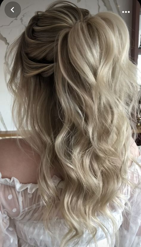 Half Pulled Back Hairstyles Wedding, Prom Hair Blonde Medium Length, Medium Length Blonde Wedding Hair, Wedding Hair With Extensions Half Up, Classy Prom Hair Down, Wedding Hair With Open Back Dress, Wedding Hairstyles For Long Fine Hair, Long Blonde Wedding Hairstyles, Half Up Half Down Wedding Hair With Veil Medium Lengths