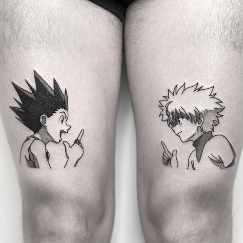 Anime Ink on Instagram: “Perfect pair Gon & Killua tattooed by @sketch_le_kid” Hunter Tattoo Design, Hunter X Hunter Tattoo Design, Killua Tattoo, Hunter X Hunter Tattoo, Gon Hunter X Hunter, Pair Tattoos, Dynamic Tattoo, Partner Tattoos, Hunter Tattoo