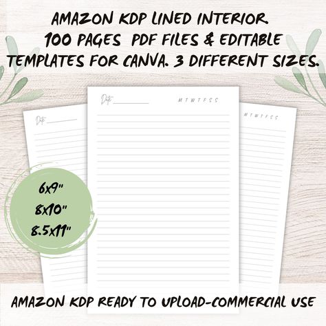 KDP Interior Template for Low Content Books, 100 Page Lined Journal, SelfPublish Books, Sizes (8.5x11, 8x10, 6x9) COMMERCIAL Use#lowcontentbooks #mealplanner #notebookcover #selfpublishbooks #recipenotebook #lowcontentinterior #interiortemplate Journal Interior Pages, Low Content Books, Interior Design Template, Vision Board Planner, Amazon Fba Business, Christmas Activity Book, Amazon Kindle Direct Publishing, Kdp Interior, Printable Notes