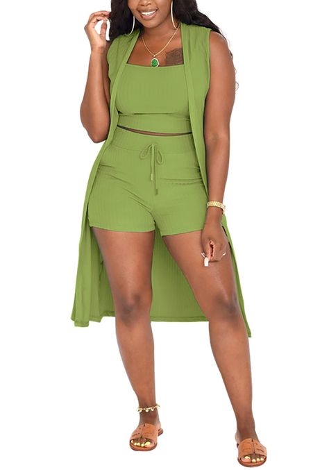 PRICES MAY VARY. Features: Tank crop tops,vest cardigan,ribbed design,elastic high waist shorts with drawstring,long cardigan with bodycon shorts set,slim fit,solid color,3 piece summer jumpsuits set,womens casual 3 piece pajama sets,3 piece loungewear set for womens,three piece shorts set with cardigans Material: 75% Polyester and 5% Spandex.This 3 piece summer outfits which is made of high quality fabric,soft,lightweight,breathable,stretchy,comfy and skin-friendly to wear Match: This 3 piece s Long Sleeveless Cardigan, Vest Crop Top, Drawstring Waist Shorts, Knitted Suit, Vest Coat, Three Piece Suit, Outfit Set, Long Cardigan, Cropped Tank Top