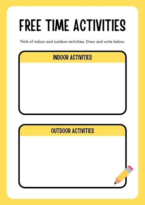 Indoor And Outdoor Free Time Activities Worksheet Freetime Activities, Free Time Activities, Esl Resources, Learning English For Kids, Time Worksheets, Outside Activities, Activities Worksheet, Weekend Activities, Outdoor Activities For Kids