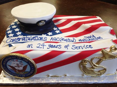 Naval retirement cake , American Flag, anchor , navy seal, Sweet Layers Navy Chief Retirement Cakes, Navy Retirement Cakes, Navy Chief Retirement, Navy Retirement Party Ideas, Navy Retirement Party, Navy Party Themes, Commissioning Ceremony, Navy Cake, Marine Cake