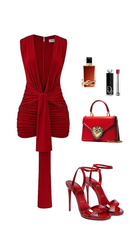 Dress For Night Party Classy, Classy 21st Birthday Outfit, Red Outfit Birthday, Red Heels Outfit Classy, Quince Guest Outfit Dresses, Fancy Date Night Outfit, Baddie Outfits Party, Red Dress Outfit Night, Red And Black Outfits