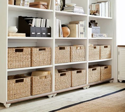 Bookshelf Baskets, Paper File Organization Ideas, Home Office Organization Workspaces, Bookcase Baskets, Closet Organization Baskets, Office Closet Organization, Diy Office Decor, Office Organization At Work, Office Storage Solutions