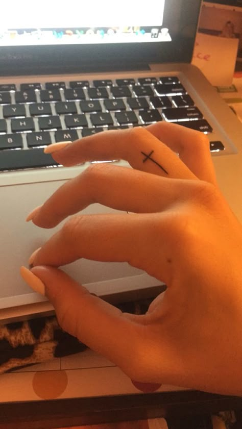 Little Cross Tattoos, Cross Necklace Tattoo, Cross Tattoo Neck, Inside Finger Tattoos, Bird Tattoo Neck, Cross Finger Tattoos, Tiny Cross Tattoo, Cross Tattoo On Wrist, Tattoo Tiny