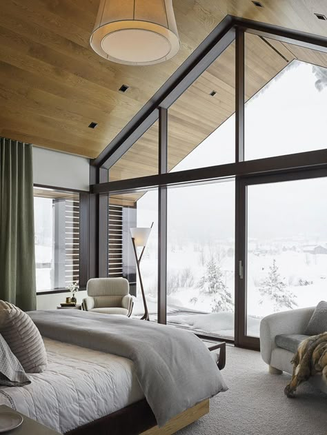 Serene mountain getaway nestled at the base of majestic Teton Range #bedroom #window #view Unique Floor Plans, Modern Cabin, Barn House, Large Windows, Rhodes, 인테리어 디자인, My Dream Home, Future House, The Snow