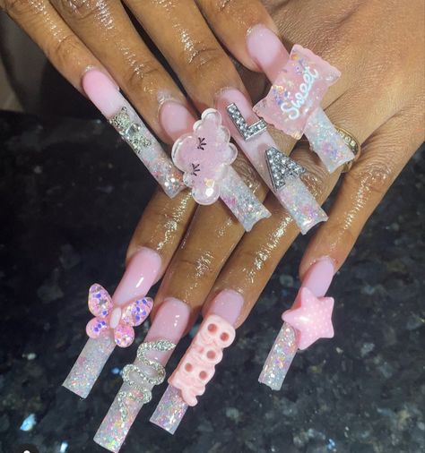 Nails With Puff Ball, Puff Ball Nails, Ball Nails, Funky Nail Designs, Tapered Square Nails, Special Nails, Long Acrylic Nail Designs, Drip Nails, Exotic Nails