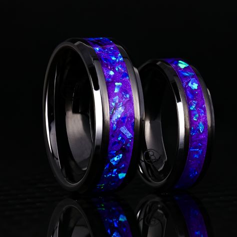 Galaxy Wedding, His And Hers Rings, Cool Rings For Men, Fantasy Ring, Lavender Opal, Purple Opal, Shiny Rings, Black Wedding Rings, Couple Wedding Rings