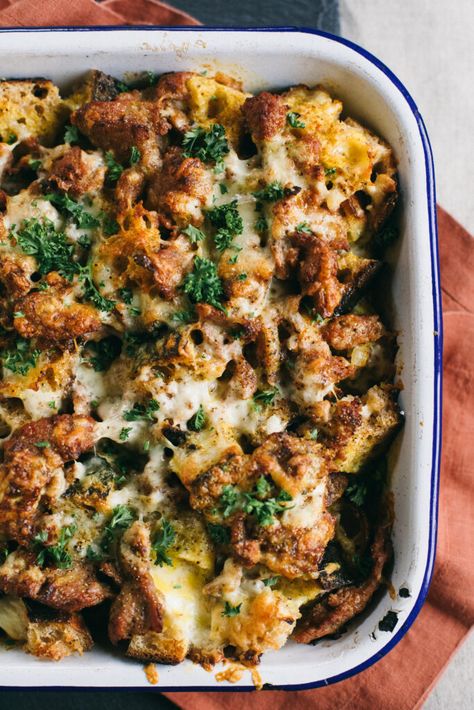 This Sourdough Sausage Breakfast Strata is the perfect use for leftover bread! Grab the recipe today. Dinners With Sourdough Bread, Breakfast Ideas With Sourdough Bread, Breakfast With Sourdough Bread, Leftover Sourdough Bread Recipes, Sourdough Bread Breakfast Ideas, Breakfast Strata Recipes, Sourdough Bread Breakfast, Sourdough Breakfast Recipes, Breakfast Leftovers