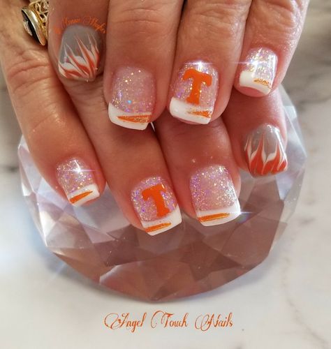 Ut Orange Nails, University Of Tn Nails, Tennessee Nail Ideas, Vols Nails Tennessee, Tennessee Vols Nails Designs, Tennessee Football Nails, University Of Tennessee Nails, Tennessee Nails Volunteers, Tennessee Orange Nails