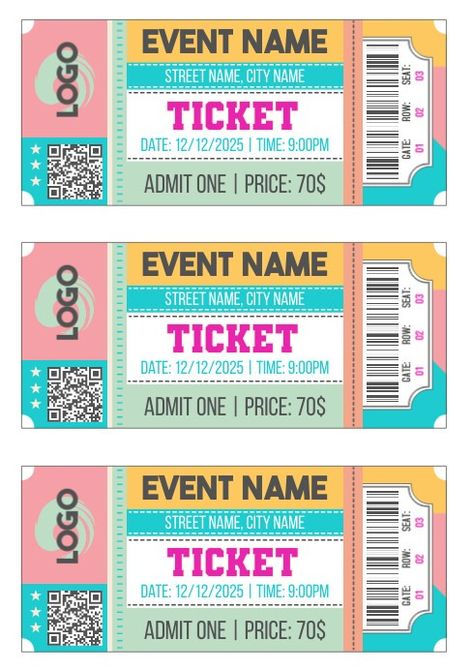 Event Ticket Template Printable Editable | PosterMyWall Entry Ticket Template, Printable Tickets Template Free, Ticket Design Template Free Printable, Concert Ticket Template Free, Ticket Template Free Printables, Event Ticket Design, Blank Ticket Template, Ticket Template Printable, Ticket Design Template