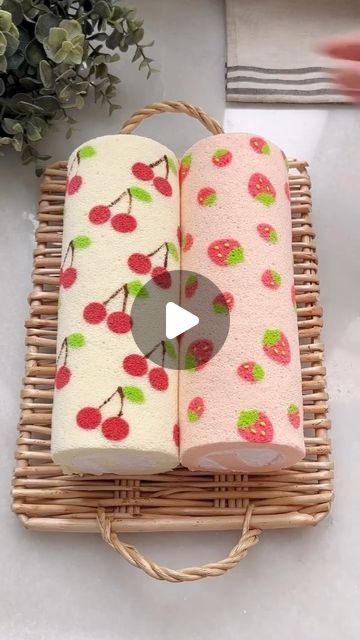 Natalia Dalehaug on Instagram: "Swiss Rolls by @rondut 🍒🍓 Do you like the cake design?  Here is the recipe:  INGREDIENTS A:  4 egg yolk (72gr total)  55ml fresh milk  45ml canola oil  60gr cake flour  INGREDIENTS B:  4 egg white (168gr total)  4gr lemon juice  50gr Castor sugar  Food coloring (for pattern)  FILLING: Buttercream or whipped cream  INSTRUCTIONS:  1. Prepare a 9" by 11" baking tray with parchment paper.  2. Combine ingredients A mix well using a hand whisk...  set a side.  3. Using a handheld mixer...whip the egg white...once the egg white become foamy with bubbles, add in sugar in additions...add in lemon juice...whip until firm peaks.  4. Using a spatula, fold about ard of the egg whites into the egg yolk batter. Add the next 3rd of the egg white mixture, folding it into t Pattern Cake Roll Recipes, Jelly Roll Cake Design, Swiss Roll Decoration Ideas, Blueberry Roll Cake, Swiss Roll Cake Design Ideas, Cake Roll Pattern, Patterned Swiss Roll, Cake Rolls With Box Cake, How To Make Swiss Roll