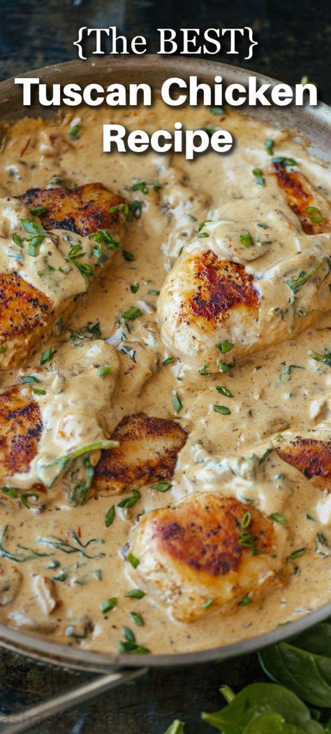 This creamy Tuscan Chicken pairs chicken breasts with mushrooms, sun-dried tomatoes, and fresh spinach, all in an irresistible savory, cheesy cream sauce. If you love one-pan chicken recipes, this Tuscan Chicken Recipe is sure to become a new favorite. Tuscan Chicken is definitely one of those dishes you’ll find yourself making again and again. It’s a restaurant-worthy dish you can make at home for a fraction of the cost. Easy Tuscan Chicken, Creamy Tuscan Chicken Recipe, Tuscan Chicken Recipe, Creamy Tuscan Chicken, Pan Chicken Recipes, Tuscan Chicken Pasta, Tuscan Recipes, Italian Dinner Recipes, Chicken Entrees