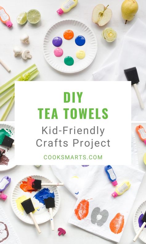 How to Make Fruit & Veggie Stamped Tea Towels | Need Christmas gift ideas? These adorable tea towels are a terrific kid-friendly crafts project, and they make wonderful DIY Christmas gifts for the kitchen. The home cooks on your list will love these! | Cook Smarts #cooksmarts #DIYchristmasgifts #DIYteatowels #kidfriendlycrafts #kitchengifts Stamped Towels Diy, Diy Painted Tea Towels, Painting On Tea Towels, Diy Christmas Tea Towels, Paint Tea Towels, Christmas Tea Towels Diy, Tea Towel Crafts, Diy Christmas Kitchen Towels, Tea Towel Crafts Projects