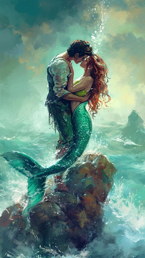 Amidst sparkling sapphire waves of a fantasy sea, a world-weary sailor, Adrian, met the enchanting mermaid, Seraphina. As their eyes locked, they knew. Their souls mirrored each other, two halves of a celestial prophecy fulfilling. As they embraced, Orion's heartbeats echoed through the waters whilst Seraphina's melody infused the sea air, weaving a cosmic symphony of twin flame romance. They knew they were Twin Flames, destined to be together. Mermaid Romance, Mermaid In Love, Mermaids Kissing, Twin Flame Art, Mermaid Photography, Sublimacion Ideas, Twin Flame Relationship, Flame Art, Mermaid Painting