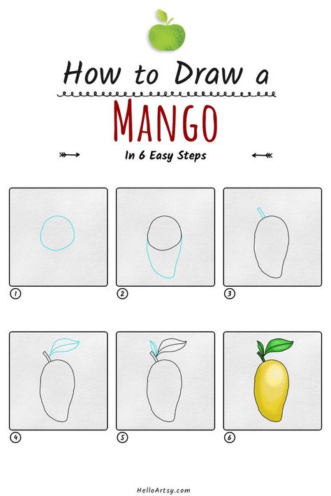 Step by step images demonstrating how to draw a mango drawing for kids - A Drawing Lesson for Beginners! Mango Drawing For Kids, Mango Drawing, Drawing Lessons For Kids, Fruits Drawing, Fruits For Kids, Drawing Lesson, Easy Lessons, Mango Fruit, Drawing For Beginners