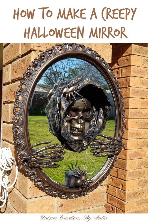 How to make a creepy Halloween mirror Yard Witch, Halloween Jelly, Halloween Mirror, Cheesecloth Ghost, Topiary Diy, Diy Monsters, Fabric Stiffener, Waterslide Paper, Mirror Frame Diy