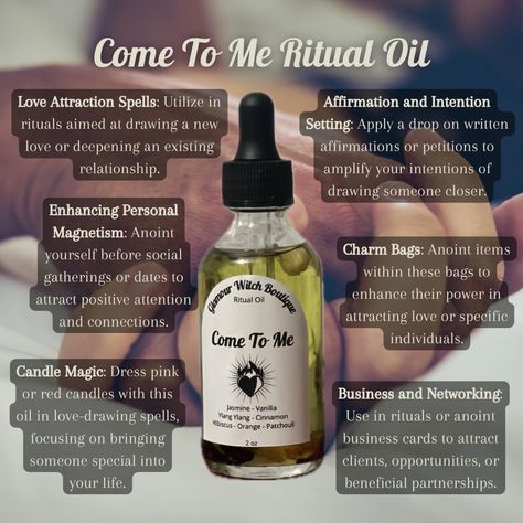 Draw love and attraction into your life with our Come to Me Ritual Oil. Crafted with powerful ingredients to enhance your charm and magnetism, this oil is perfect for love spells and rituals. 💖✨ #ComeToMe #RitualOil #LoveMagic Shop: GlamourWitchBoutique.com #GlamourWitchBoutique #WitchyThings #Witchy #Occult #Crystals #Spirituality #Spells #Paganism #WitchLife #Spiritual #WitchShop #Divination #Witchery #WitchAesthetic #MetaphysicalShop Love Oil Witchcraft, Attraction Oil Recipe Witchcraft, Oils For Witchcraft, Spell Oil Recipe, Witchcraft Oils, Spell Oils, Attraction Oil, Crystals Spirituality, Ritual Oils