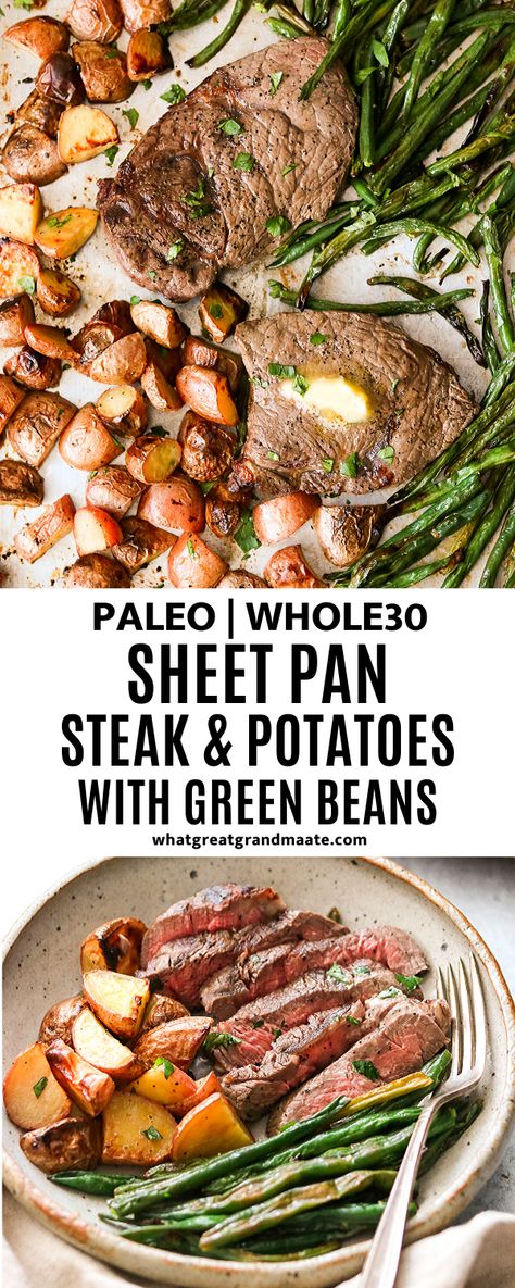 This perfectly seasoned sheet pan steak and potatoes recipe is a delicious one pot meal that's ready in just 30 minutes. Easy to make with even easier cleanup! #paleosheetpan #sheetpanrecipes #sheetpandinner #whole30 #paleo #glutenfree #whole30onepotmeals #paleoonepotmeals Sheet Pan Steak And Potatoes, Sheet Pan Steak, Steak And Potatoes, Ketogenic Recipes Dinner, Pan Steak, Healthy Beef Recipes, Delicious Paleo Recipes, Whole30 Dinners, One Pot Meal