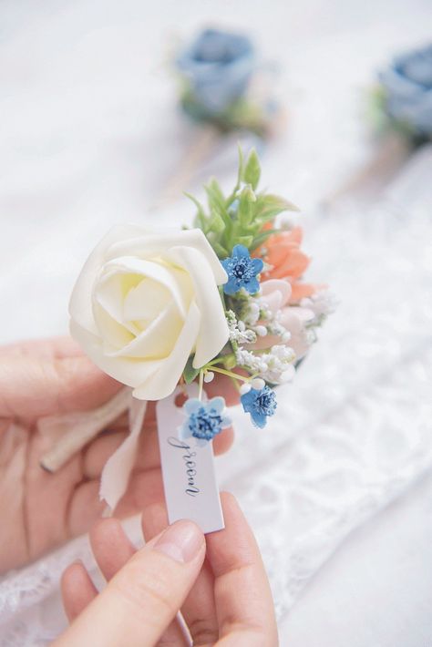 Peach Boutonniere, Corsage Ideas, Flower References, Rustic Groom, Blue Boutonniere, Pink Boutonniere, Blue And Blush Wedding, Handmade Bouquet, Boutonnieres Prom