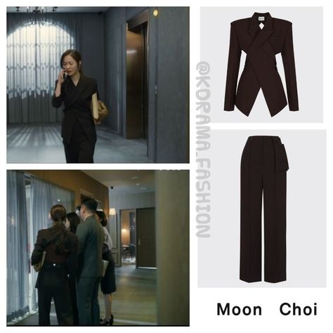 Jeon Yeo-Bin wore MOON CHOI Jacket $695 & Trousers $210 in Vincenzo Episode 3. Vincenzo Jeon Yeo Bin Outfit, Jeon Yeo Been Vincenzo Outfit, Vincenzo Kdrama Outfits, Vincenzo Outfit, Moon Choi, Young Outfit, Chic Black Outfits, Kdrama Fashion, Classy Business Outfits