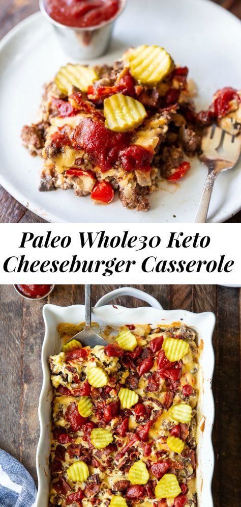 This bacon cheeseburger casserole tastes so much like the real deal that no one would guess there’s actually no cheese in it at all!  A creamy, dairy-free cheese sauce is layered with savory ground beef, veggies, and topped with crispy bacon for the ultimate comfort food casserole! #paleo #whole30 #keto #cleaneating Bacon Cheeseburger Casserole, Sweet Potato Waffles, Crispy Sweet Potato, Boiled Egg Diet Plan, Cheeseburger Casserole, Dairy Free Cheese, Low Carb Diet Recipes, Bacon Cheeseburger, Recipe 30