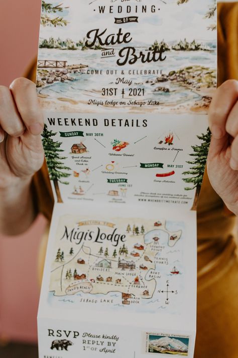 Campground Wedding Invitations, Camp Themed Wedding Invitations, Backyard Wedding Invites, Maine Camp Wedding, Moab Wedding Invitations, Boho Camp Wedding, Cabin Wedding Invitations, Map For Wedding Invitation, Camp Themed Wedding Decor