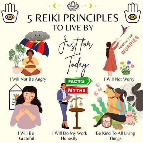 Sunny Ritsch | Energy Medicine on Instagram: "The philosophy of Reiki is rooted in five principles, which provide guidance for healing and balancing your Reiki energy. Living by the principles will help you create more positivity in your day-to-day life. To learn more about reiki you can still join my free reiki course. Visit my profile to book your free seat for the reiki level 1 certification. For more content on energy healing, alternative wellness and astrology follow me on @blissfulcareers Reiki Aesthetic, Reiki Level 1, Reiki Principles, Reiki Courses, Reiki Room, Reiki Healer, Reiki Practitioner, Energy Medicine, Reiki Master