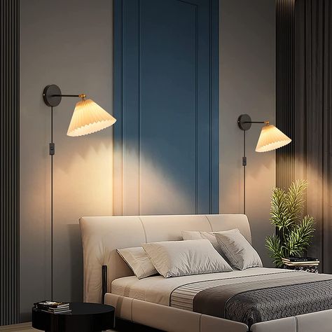 Bedside Table Wall Mounted Lights, Bed Side Lamp Shade, Wall Mounted Plug In Lights, Wall Mounted Plug In Bedside Lamps, Bed Wall Lighting, Bed Side Wall Lamp, Plug In Wall Lights Bedroom, Plug In Sconces Next To Bed, Bedroom Wall Lights Beside Bed