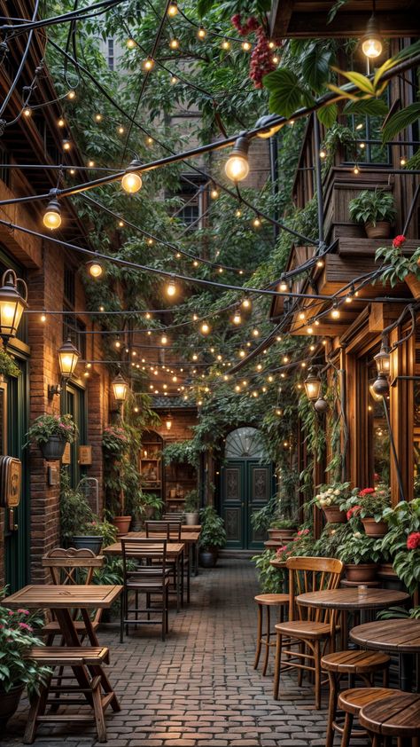 Vintage Cafe Exterior Design, Restraunt Exterior, Botanical Cafe Interior, Fairy Cafe Aesthetic, Modern Restaurant Design Exterior, Cafe Lounge Design, Old Cafe Aesthetic, Small Cafe Aesthetic, Dark Academia Coffee Shop