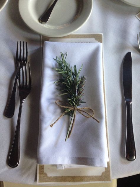 Hand tied rosemary and lavender napkin accents Rosemary Wedding Decor, Rosemary Place Setting, Rosemary Table Runner, Napkin With Rosemary, Croatian Wedding Rosemary, Navidad Natural, French Dinner, Xmas Table, Holiday Dinner Table