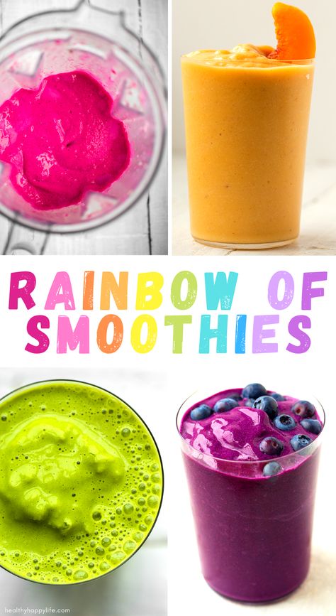 Rainbow-Colored Smoothies - Vegan Recipe Purple Smoothie Recipes, Colourful Smoothies, Colorful Smoothies, Rainbow Smoothie, Pitaya Smoothie, Purple Smoothie, Recipes For Teens, Easy Kid Friendly Dinners, Blackberry Smoothie