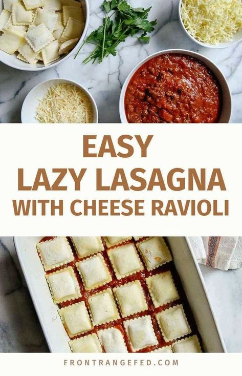 Want an easy dinner? This Lazy Lasagna made with frozen cheese ravioli is a simple as it gets! Frozen ravioli cuts down on the prep and results in a delicious cheesy lasagna casserole in no time. This baked ravioli lasagna is the perfect dinner for busy weeknights. Get this and other easy weeknight dinner recipes at https://www.frontrangefed.com/ Frozen Ravioli Lasagna, Frozen Ravioli Bake, Frozen Ravioli Recipes, Ravioli Dinner Ideas, Lazy Crock Pot Lasagna, Cheese Ravioli Recipe, Lazy Lasagna Recipe, Baked Ravioli Casserole, Baked Ravioli Recipe