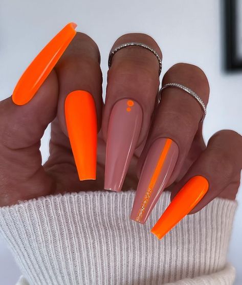 Bright Orange Nails, Neon Orange Nails, Bright Nail Designs, Neon Acrylic Nails, Orange Nail Designs, Orange Nail, August Nails, Bright Summer Nails, Her Nails