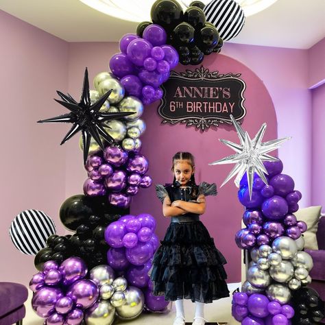 PRICES MAY VARY. BLACK AND PURPLE BALLOONS GARLAND KIT: these purple garland kit includes 112pcs latex balloon in different sizes (color in purple, black, chrome purple and silver, size in 5inch, 10inch,12inch，18inch) with 2pcs silver and black exploding star balloons, 2pc gothic style black and white striped foil balloon, 3pcs balloon arch accessories.glue dots,ribbons,arch strip for diy balloon arch kit. PERFECT FOR GOTHIC BIRTHDAY DECORATIONS: We offers important elements of a Gothic-themed p Purple Black Silver Balloon Garland, Gothic Birthday Party, Purple Balloon Arch, Silver Balloon Garland, Purple Garland, Party Decorations Backdrop, Vampirina Party, Exploding Star, Gothic Birthday